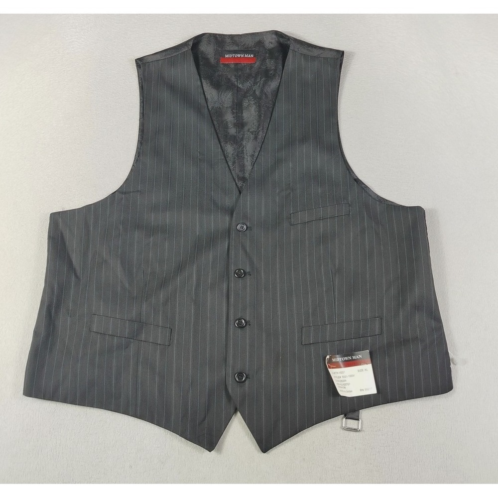 Midtown Man Suit Vest Mens XL Black Pinstripe Belted Business Formal Wedding